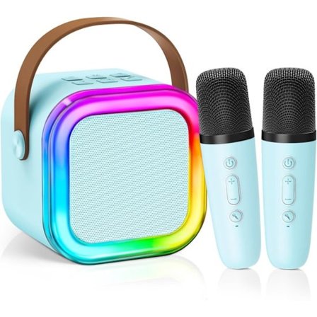 Mini Karaoke Maskine til Børn, Piger og Drenge - Bærbar Bluetooth Højttaler med 2 Trådløse Mikrofoner