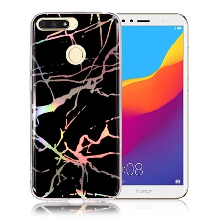 Huawei Honor 7A beskyttelsesetui i silikone med marmor print og kvalitets farver - Sort