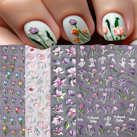 4 ark med 5D-pregede blomsterneglklistremerker for neglekunstutstyr, selvklebende neglekunst-klistremerker med fargerike franske blomsterdesign