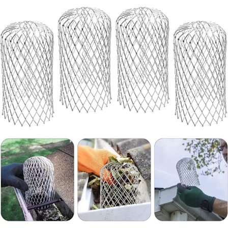 4x takrennerensere i rustfritt stål 8x17 cm, padde for takrenne, takrennebeskyttelsesgitter, metall takrennebeskyttere for fremre takhusavløp mot løv