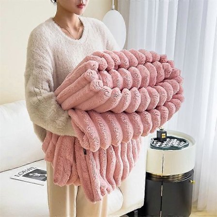 Snuggle Sac Koseteppe, Fluffy Fleecepledd, Teppe for Sofa, Seng, Couch, Varmt og Mykt Teppe med Stripete Mønster, Grå/Rosa/Grønn/Gul, 120