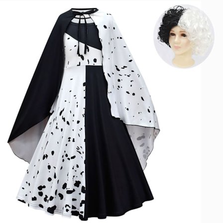 Elokuva Cruella De Vil Cosplay Asut Lapset Mekko Musta Valkoinen Piika Mekko Halloween Juhla Mekko Viitta Peruukki 805893-osainen setti 01