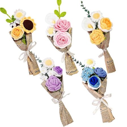 Handgjord virkad bukett med virkade rosor, prästkragar och tulpaner - Virkad blombukett - Bästa present till alla hjärtans dag, mors dag, födelsedag