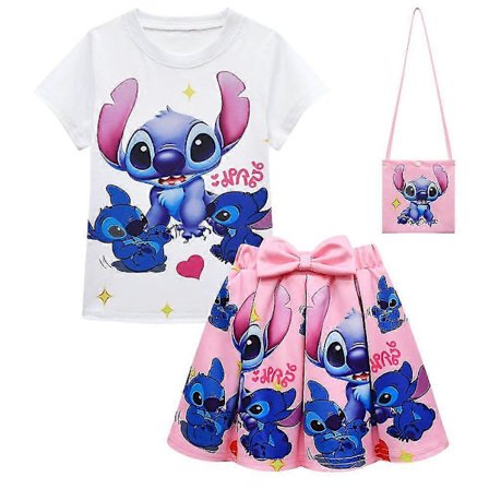 Barn Flickor Lilo och Stitch T-shirt+Plisserade Kjolar+Väskor Outfit Set Festklänning