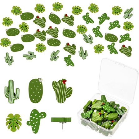 Sett med 30 dekorative, grønne bladformede nåler for oppslagstavler, bilder, veggkart og annet skolemateriell