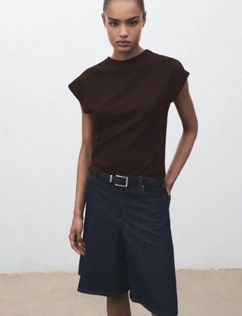 Mango Short-Sleeved Fine-Knit Sweater - Brown - XS