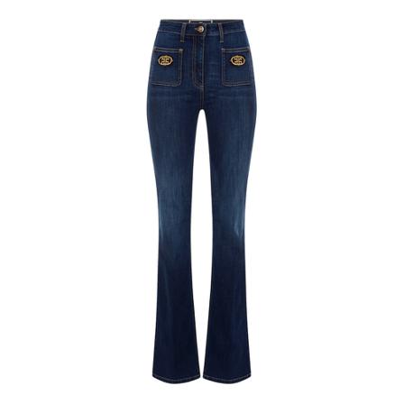 Elisabetta Franchi, Long Boot-Cut Jeans With Embroidered Patches Blauw, Dames, Maat:W25,stretch