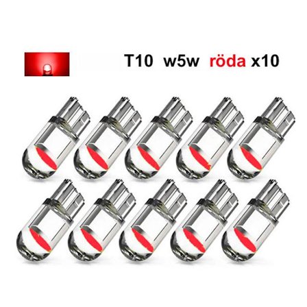 T10 w5w röda LED-lampor med 1st COB-chip, 12V, 10-pack.
