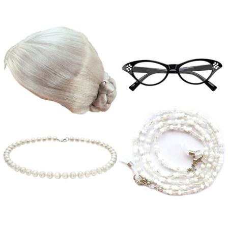 1set Old Lady Set Grå Hår Cosplay Granny Grey Peruk Rollspel A