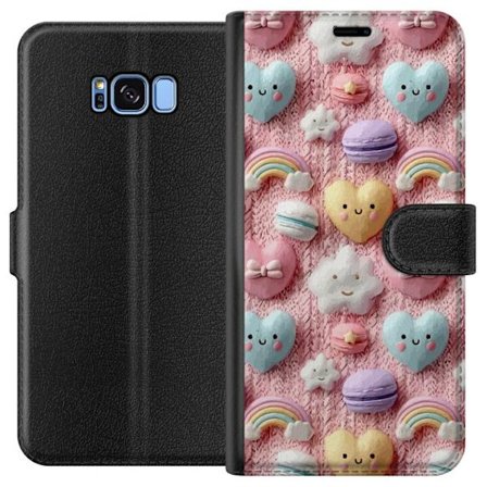 Yhteensopiva Lompakkokotelo Samsung Galaxy S8 Pastellimotiiivi sydämillä, pilvillä, sateenkaarilla ja makaronseilla vaaleanpunaisella taustalla sulois