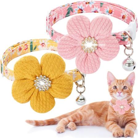 Kattekrage, løsningskrage for kattunger med blomst, krage med strass for katter med bjelle, blomsterkrage for kjæledyr med sikkerhetslås pink+yellow