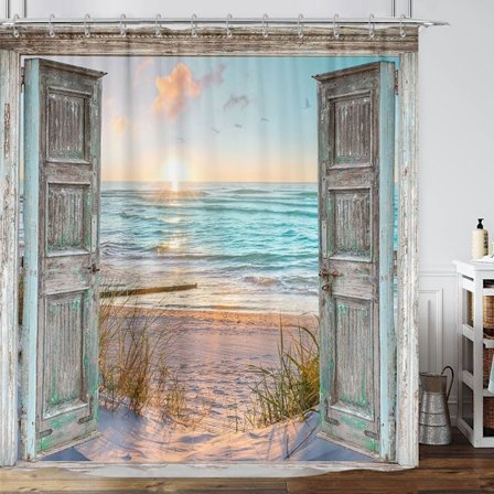 Boho Strand Kust Duschdraperi, Teal Ocean Sunrise Seaside Havslandskap Nautisk Strand Duschdraperi Set, Rustik Ladugårdsdörr Strandtyg Duschdraperi