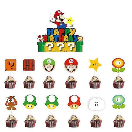 26 stykker Super Mario dekorationer, fødselsdagskage, cupcakes