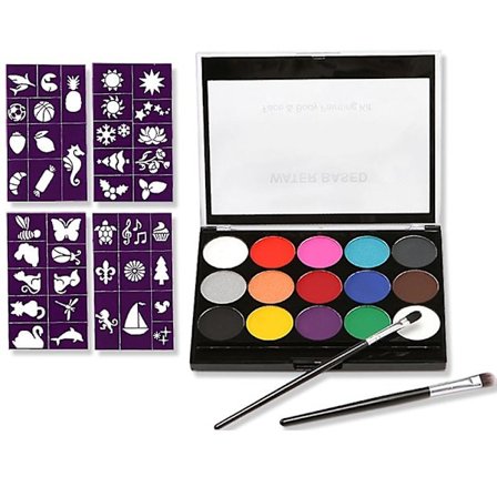 Kropsmaling Finish Kit 15 Farver Professionel Palet Vaskbar Med 4 Skabeloner