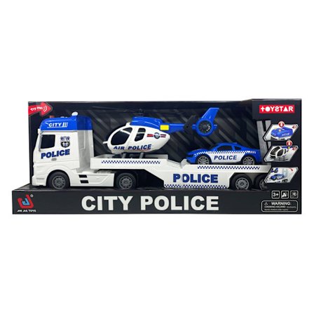 Lastebil med helikopter og bil