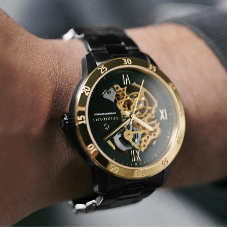 Dante II | Black and Gold-tone Skeleton Watch with Gold-tone Movement for Men - Skeleton watches