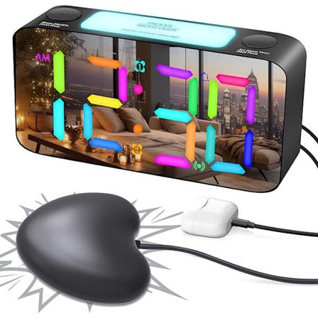Superhøj vækkeur til tunge sovende voksne, digital ur med 7-farvet natlys, justerbar lydstyrke, dimmer, USB-lader, små ure til soveværelset