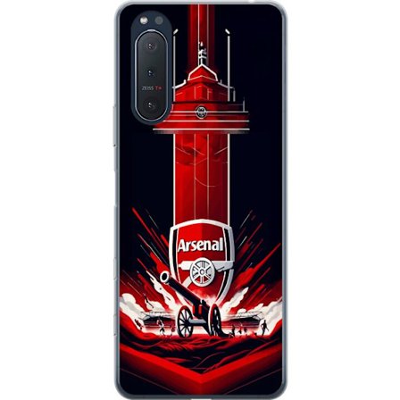 Yhteensopiva Puhelinkuori Sony Xperia 5 II Arsenal-embleemi, jossa tykki ja stadionmotiivi voimakkaassa punaisessa ja valkoisessa urheilusuunnitteluss