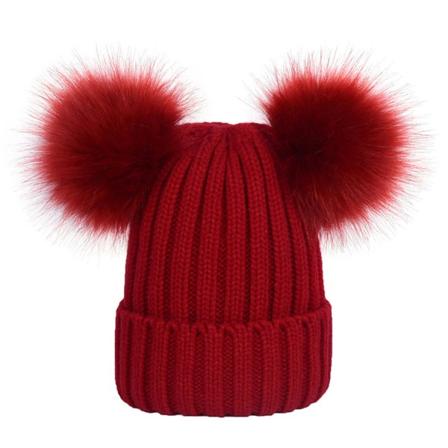Damestoffhette med ensfargede plysjballer, høst/vinter, fluffy pompoms, lue for utendørs bruk, Vinrød, M