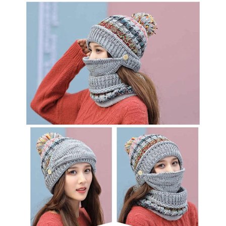 Varm strikket vinterlue, skjerf, skimaske og ansiktsbeskyttelse for kvinner.