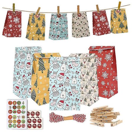 24 sæt julegaveposer til børn med nedtællingskalendertal med julegenanvendelig papiræske