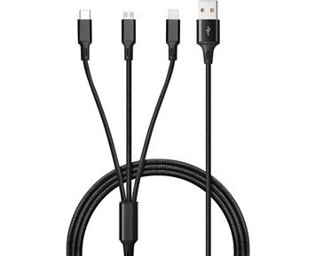 Andersson-3 in 1 Braided USB Cable 1M 2,4A Black-Tekstiltrukket 3-i-1-kabel med støtte for alle smarttelefoner-Power-USB-C-kabler