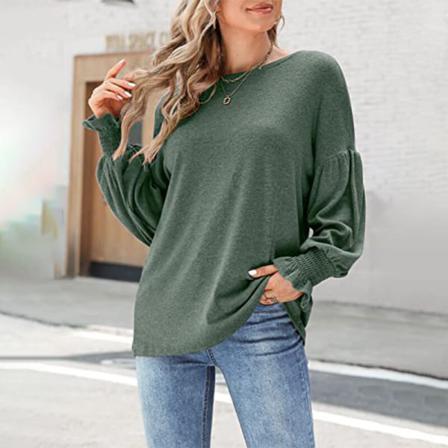 Kvinnor Med Rund Hals I Enfärgad Puffärmar Stickad Baggy T-shirt