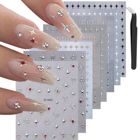 8 Ark Nail Art-klistremerker 3D Glitter Skinnende Negledekorasjoner Selvklebende Nail Art-rekvisita Gull Sølv Hvit Svart