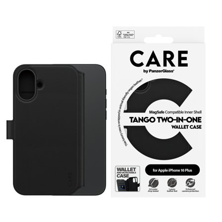 PanzerGlass CARE iPhone 16 Plus Tango 2-i-1 Lommebokdeksel (sort) Avtagbar folio med 3 kortlommer, vegansk lær, MagSafe kompatibel