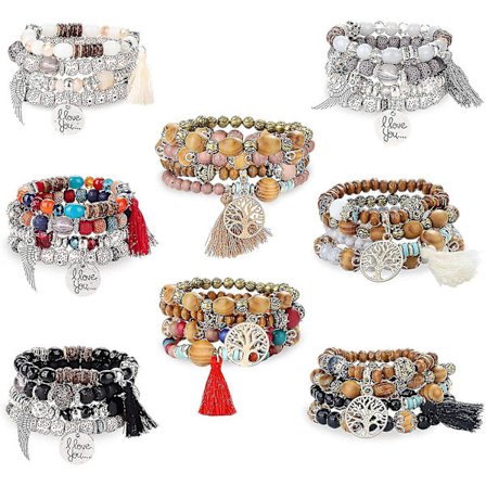 8 stk. Boheme stablede træperler armbånd til kvinder Boho flerlags stræk