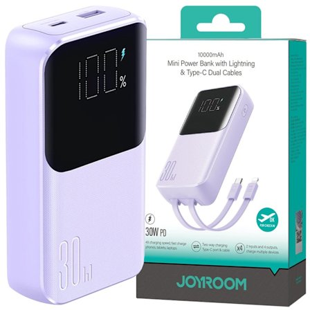 Joyroom Powerbank 30W 10000mAh med innebygd Lightning og USB-C-kabel, lilla (JR-PBC06)