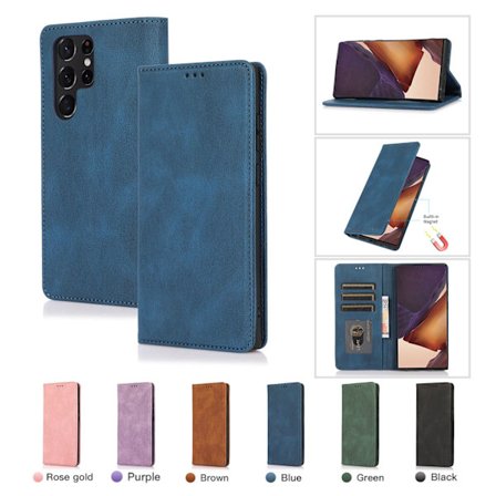 Fodral för Samsung S22 Ultra blått Magnetiskt hudkänsla retro flip läder anti fall