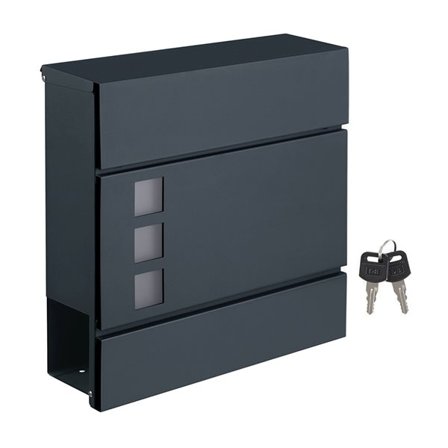 Seinään asennettava postilaatikko lukolla ja integroidulla lehtilokerolla