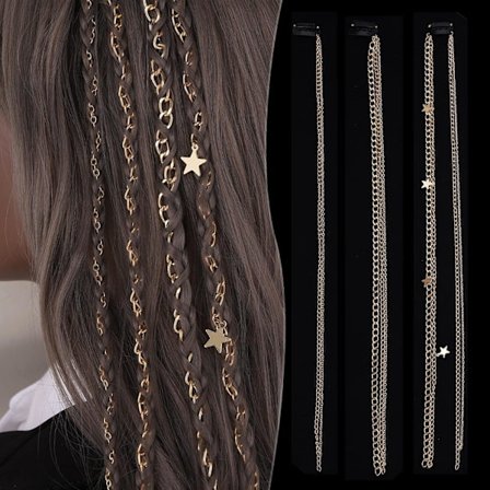 3 stk Punk Gull Hårklemmer Kjeder, Punk Duskdekorert Hårforlengelseskjede, Hestehale Hårkjede Hårtilbehør