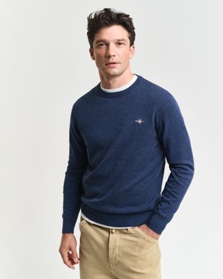 GANT - Klassisk bomullsgenser med rund hals til herre dk jeansblue melange