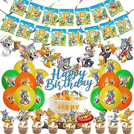 Tom og Jerry Festudstyr -miotlsy 44 stk Tom og Jerry Festpynt Til Lykke Med Fødselsdagen Banner Balloner Kagetopper Til Børn Voksne Fødselsdagsfest