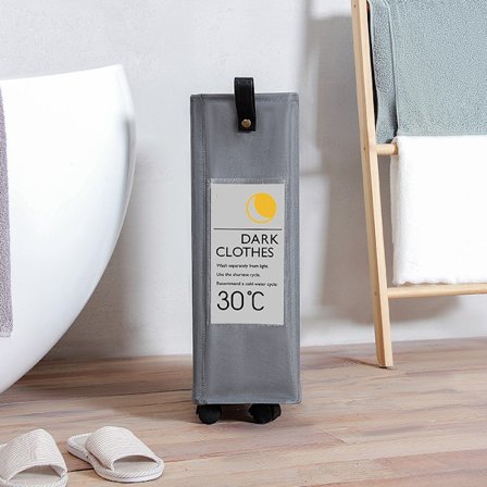 Hopfällbar tvättkorg med läderhandtag - 4 hjul - Stor