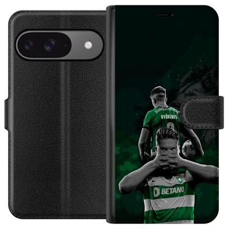 Yhteensopiva Lompakkokotelo Google Pixel 9 Neonmotiivi, jossa teksti "Gaming is in my DNA" sinisenä ja punaisena tiiliseinällä, jossa loistava DNA-spi