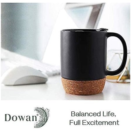 15 oz Kaffe Muggar, Stora Keramiska Muggar, Mugg Set med Isolerad Korkbotten och Stänksäkert Lock för Män, Kvinnor, Kaffe, Te, Svart