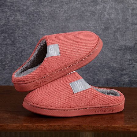 Vintertøfler i bomuld til kvinder og mænd, indendørs, varme, skridsikre, bløde fleeceforede slip-on stribet rødt læder