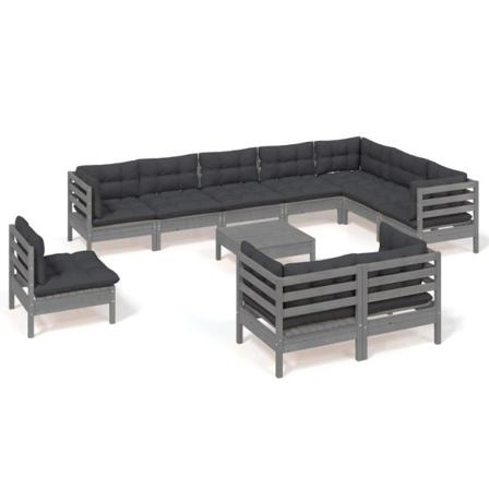 Vidaxl Loungegrupp Med Dynor 11 Delar Grå Massiv Furu Grå