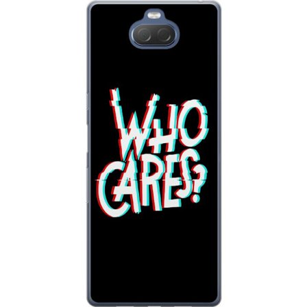 Yhteensopiva Puhelinkuori Sony Xperia 10 Plus Glitch typografia, jossa teksti "who cares" on punaisella ja syaanilla mustalla minimalistisella tausta
