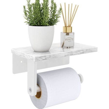 Toiletpapirholder med hylde i naturlig marmor, Toiletpapirholder til badeværelse Toilet Hvid