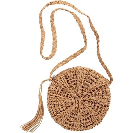 Axelväska i halm för damer, rund strandväska i halm med tofsar, handvävd handväska med dragkedja, sommarstrandväska i halm brun