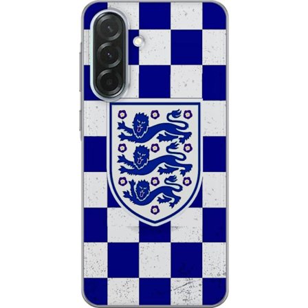 Kompatibel Mobilcover til Samsung Samsung Galaxy A36 Grafisk skakternet mønster i blåt og hvidt med et klassisk heraldisk emblem, retro-inspireret s