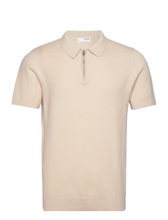Slhflorence Ss Knit Zip Polo Ex Knitwear Short Sleeve Knitted Polos Creme Selected Homme*Betinget Tilbud