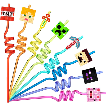 IC 24 stk Miner Craft Fødselsdagsfesttilbehør Genanvendelige sugerør, 8 mønstre med pixeltema festfavoritter med 2 rengøringsbørster MWXG