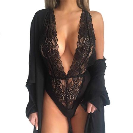 Kvinnor Sexig Lingerie Spets Djup V Teddy Body Nattkläder Black S
