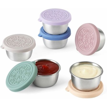 6-pak Salatdressingbeholder To Go 47 ml Små Krydderibeholdere med Låg Genanvendelige Saucekopper i Rustfrit Stål