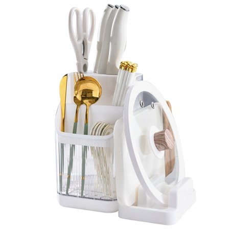 Multifunktionell köksförvaringsställ för bänkskiva, skärbräda, lock till kastruller och redskapshållare i pärlvit